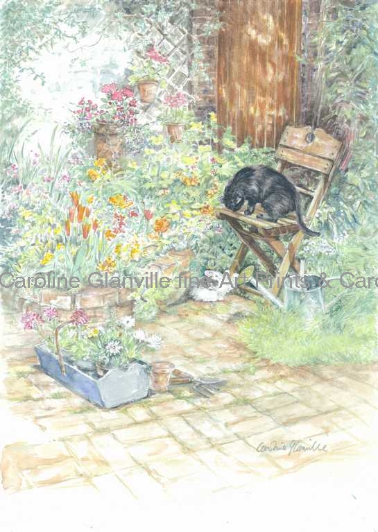 kitten playing in garden, painting by Caroline Glanville